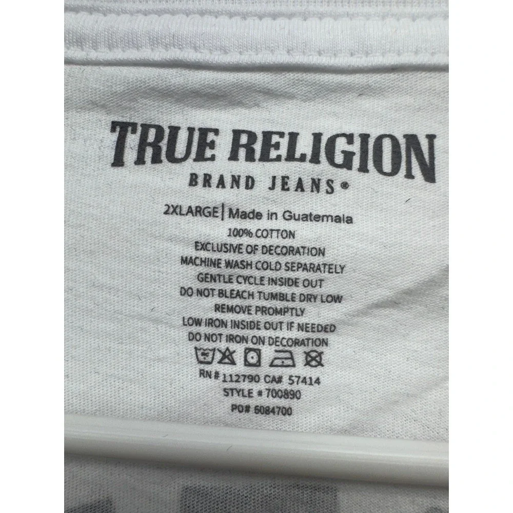 True Religion‎ T-Shirt Mens 2XL White TR Flock Buddha Graphic Short Sleeve